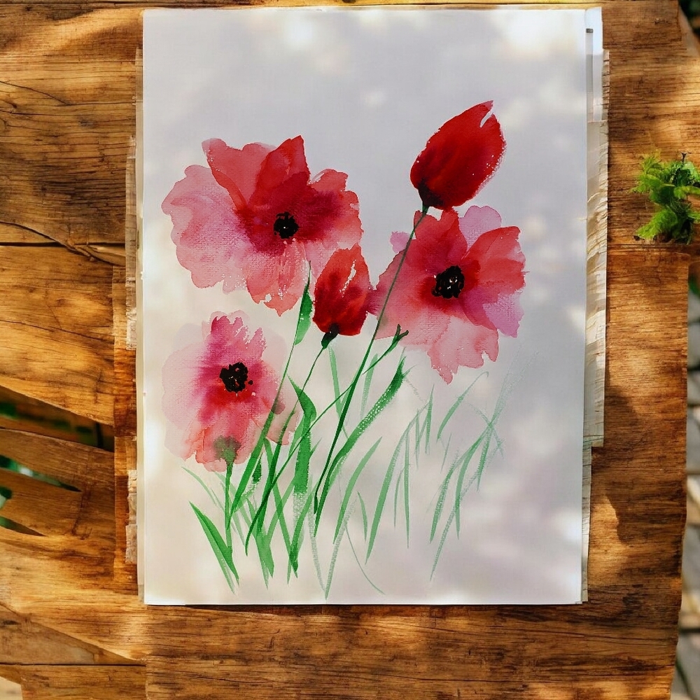Floral Watercolor Painting - Red and Green Poppies 12 X 9in.